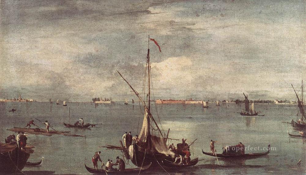 ボートのあるラグーン ゴンドラといかだ ベネチアンスクール フランチェスコ・グアルディ油絵
